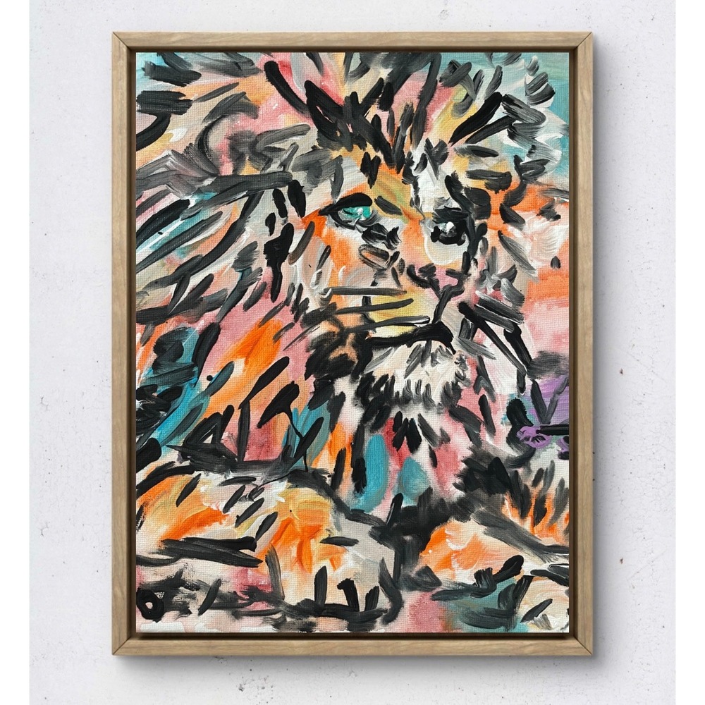 OMAN Original Lion Painting 8x10 Canvas Abstract Wildlife Art Colorful Unframed